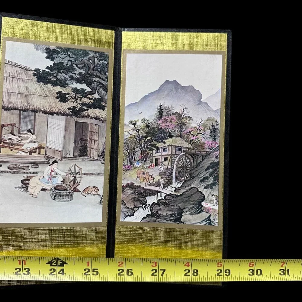 Vintage Korean Village Life Mini Folding Screen Art Decor Tabletop Display Asian